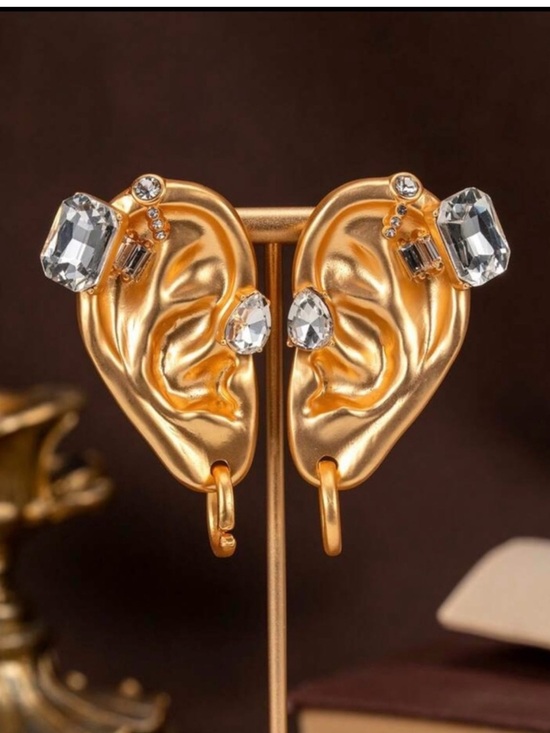 Jewelry - Schiaparelli Inspired Gold Ear-Shaped Crystal Statement Earrings